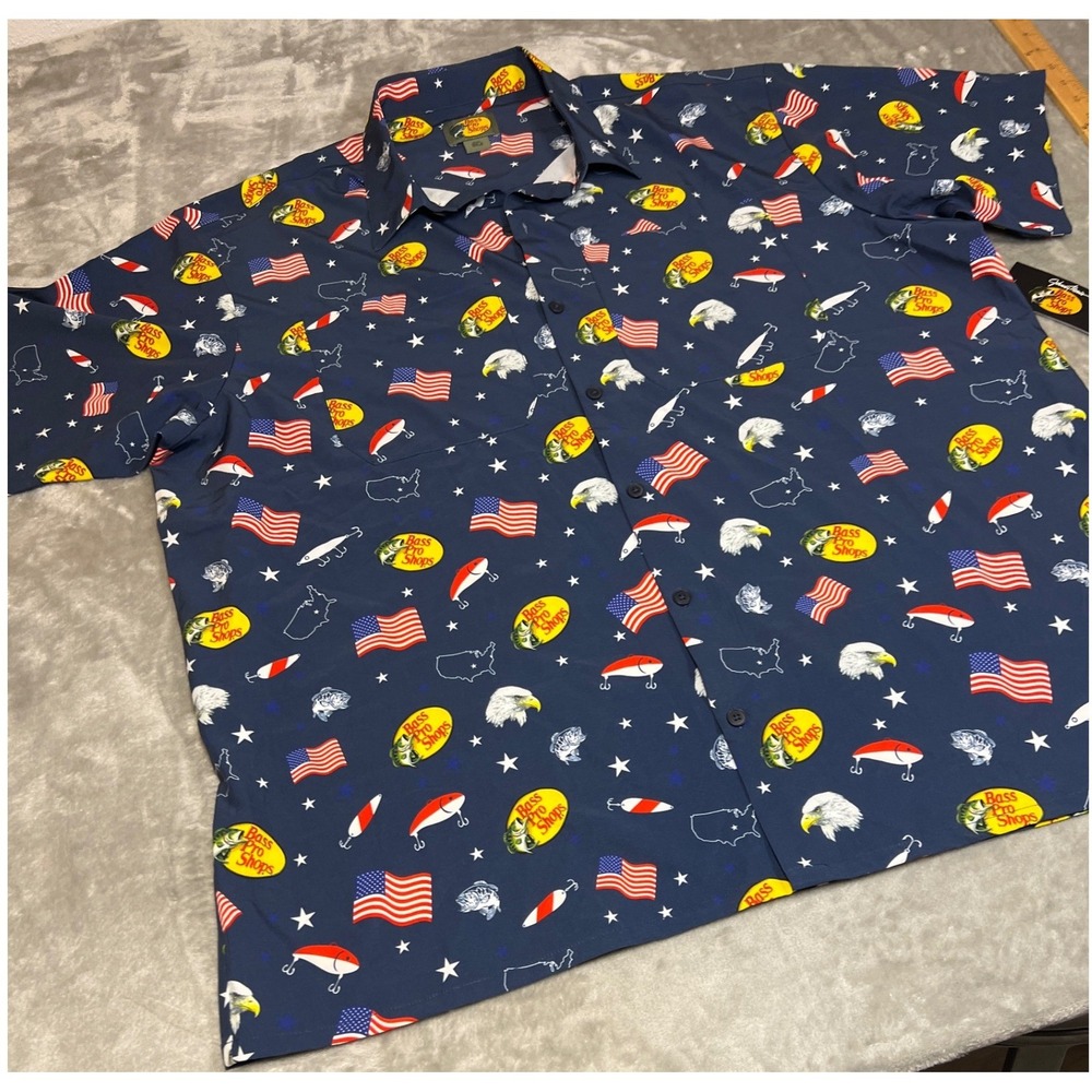 Bass Pro Shops Patriotic Fishing Shirt 2XL USA Flag Eagle July 4th Button Up NWT - Picture 3 of 10